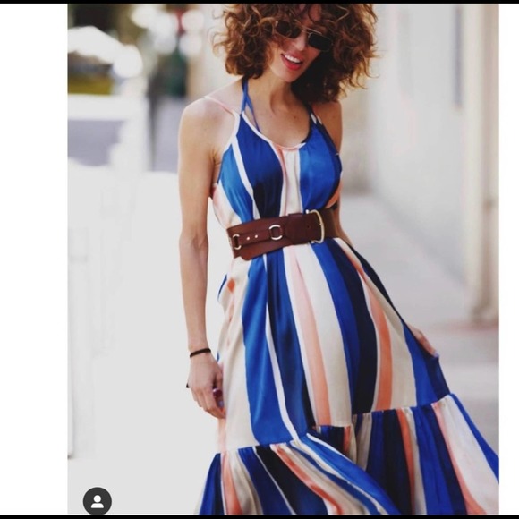 LEMLEM X H&M Blue and Pink Satin Ruffled Stripe Maxi Dress Size M - Picture 11 of 16